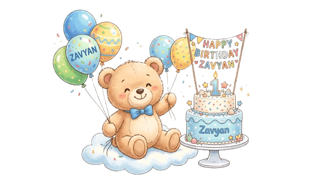 Teddy bear celebrating Zavyan's birthday with a cake and balloons